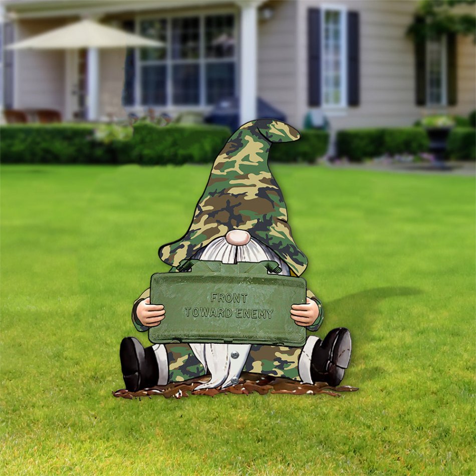 Funny Gnomes Holding M18 Claymore Mine Metal Garden Sign