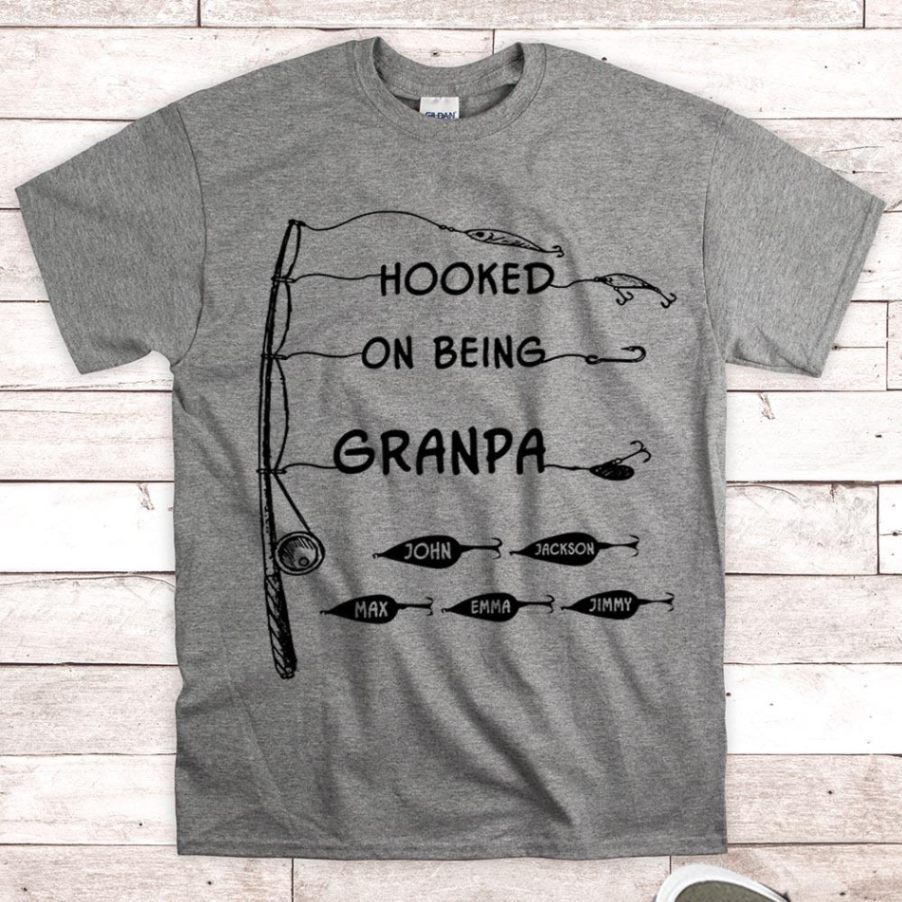 Gift For Dad, Grandpa, Papa Personalized Gift For Him- Hooked On Being Nickname & Grandkids Name Can Be Changed Unisex T-shirt Hoode Plus Size S-5xl