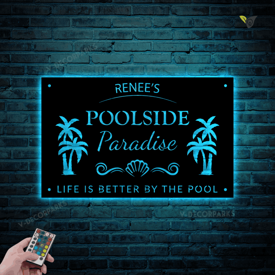 Poolside Paradise With Palms Metal Sign With Led Lights, Swimming Pool