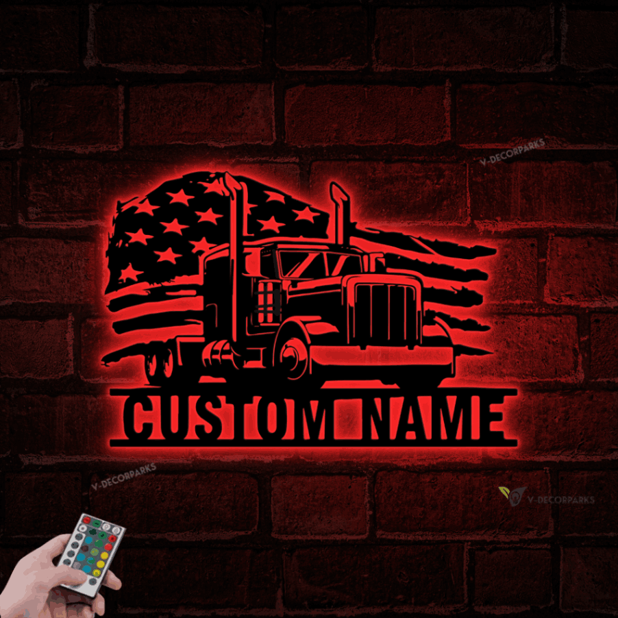 Personalized Us Semi Truck Driver Metal Sign With Led Light, Custom Trucker Name Sign, Home Decor, 18 Wheeler Decoration, Birthday Dad Gifts