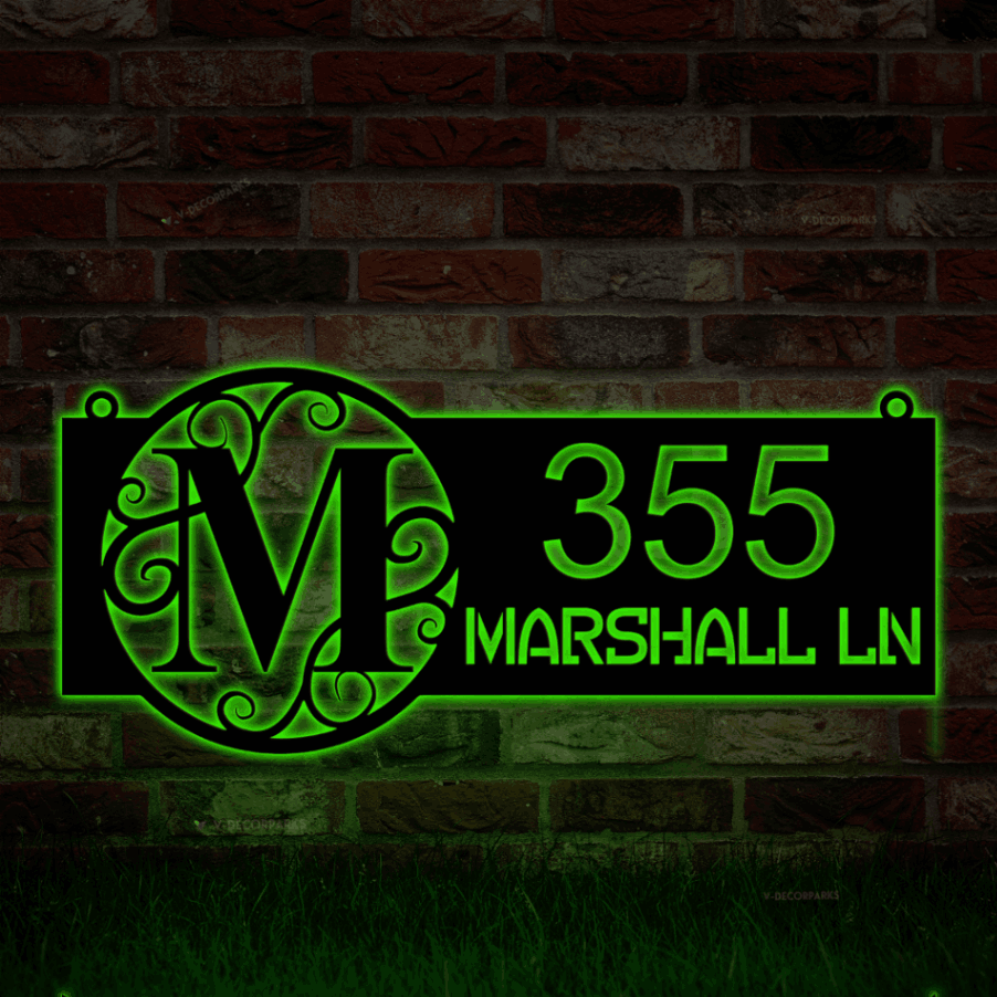 Hanging Address Sign, Metal With Led Lights, Monogram Address Sign For