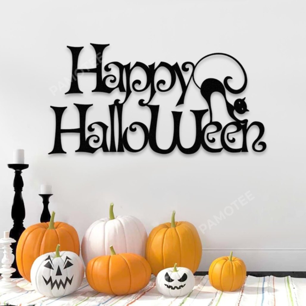 Happy Halloween Spooky Black Cat Metal Sign, Steel Wall Hanger