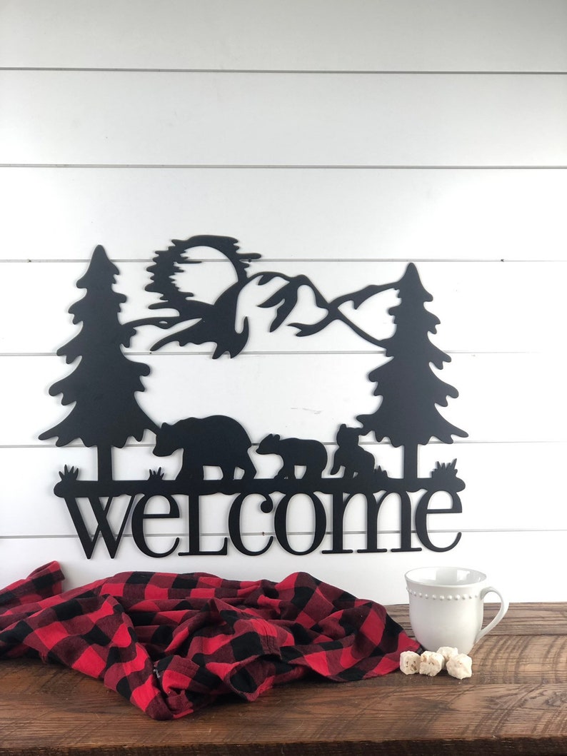 Bear Welcome Metal Sign, Rustic Bear Cabin Metal Art, Mountain Bear Scene, Metal Sign, Mountain Home Sign, Forest Scene