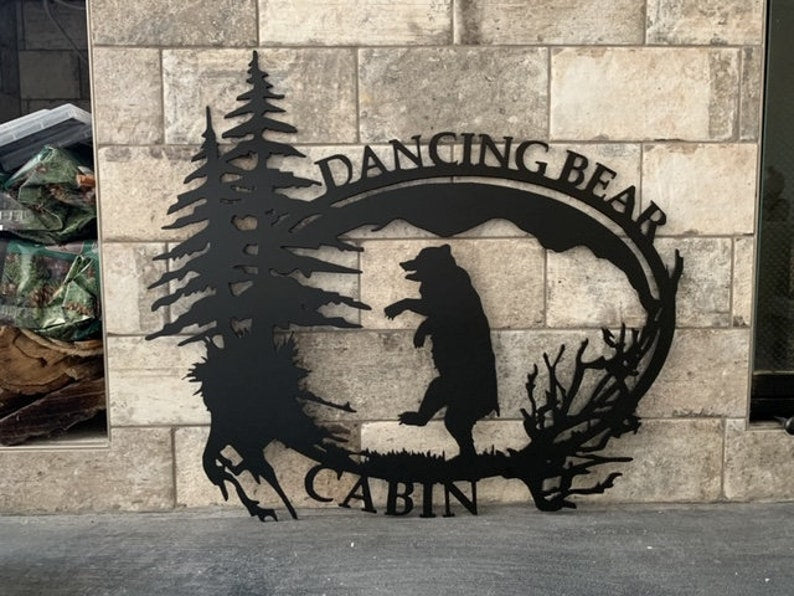 Custom Dancing Bear Cabin Metal Family Property Sign
