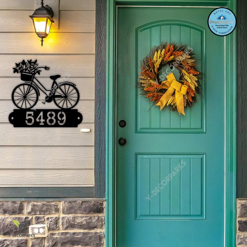 Floral Bicycle Monogram Address Plaque, Street Number Sign, Metal House Numbers, Address Plaque