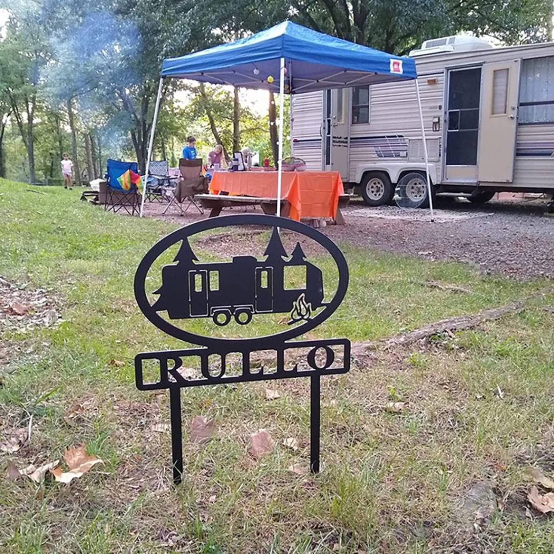 Travel Trailer With Personalized Name Metal Sign - Staked Camping Site Marker - Customized Name Steel Camper Sign