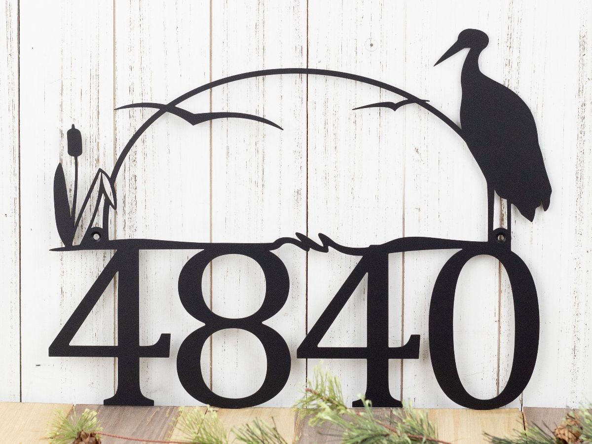 House Number Plaque In Laser Cut Metal With Heron & Cattails, Number Sign, Lake House Decor, Cabin Signs, Matte Black Shown,
