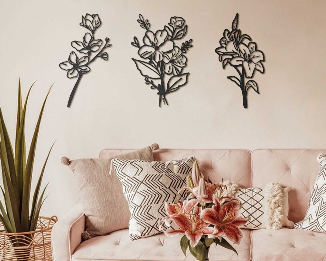 Hibiscus Flowers Metal Wall Art Set, Metal Wall Decor, Floral Wall