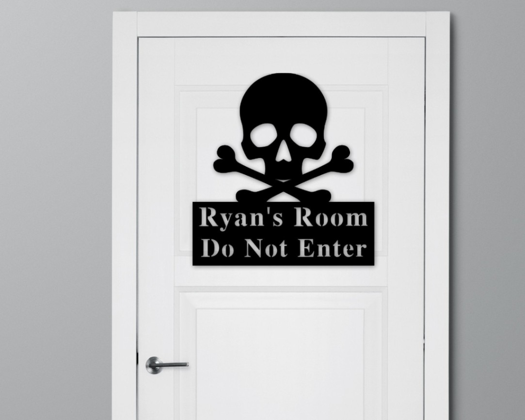 Skull Room Sign, Custom Metal Sign, Door Plaque, Name Plaque, Do Not Enter Sign, Beware Sign, Trespassing Sign, Name Sign, Door Decor