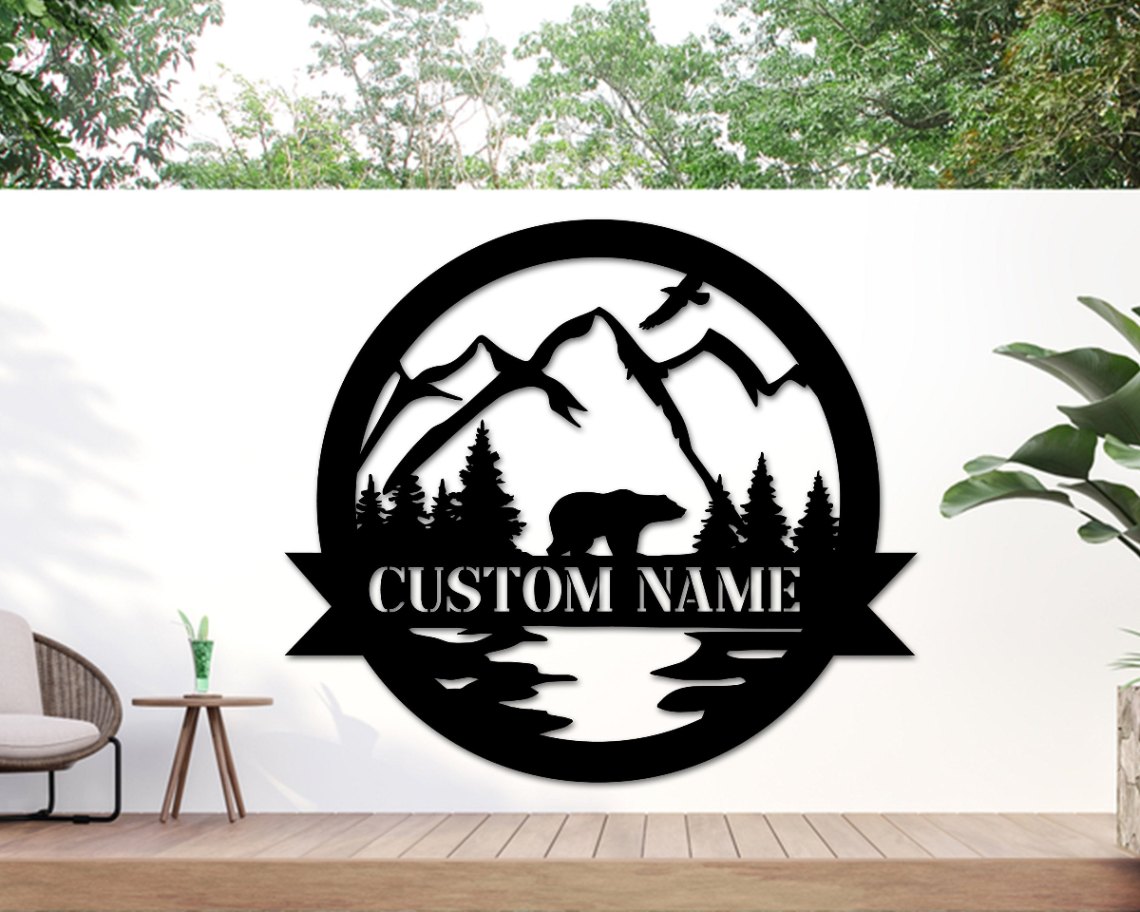 Bear Personalized Metal Sign, Bear In Woods Cabin Sign, Family Name ...