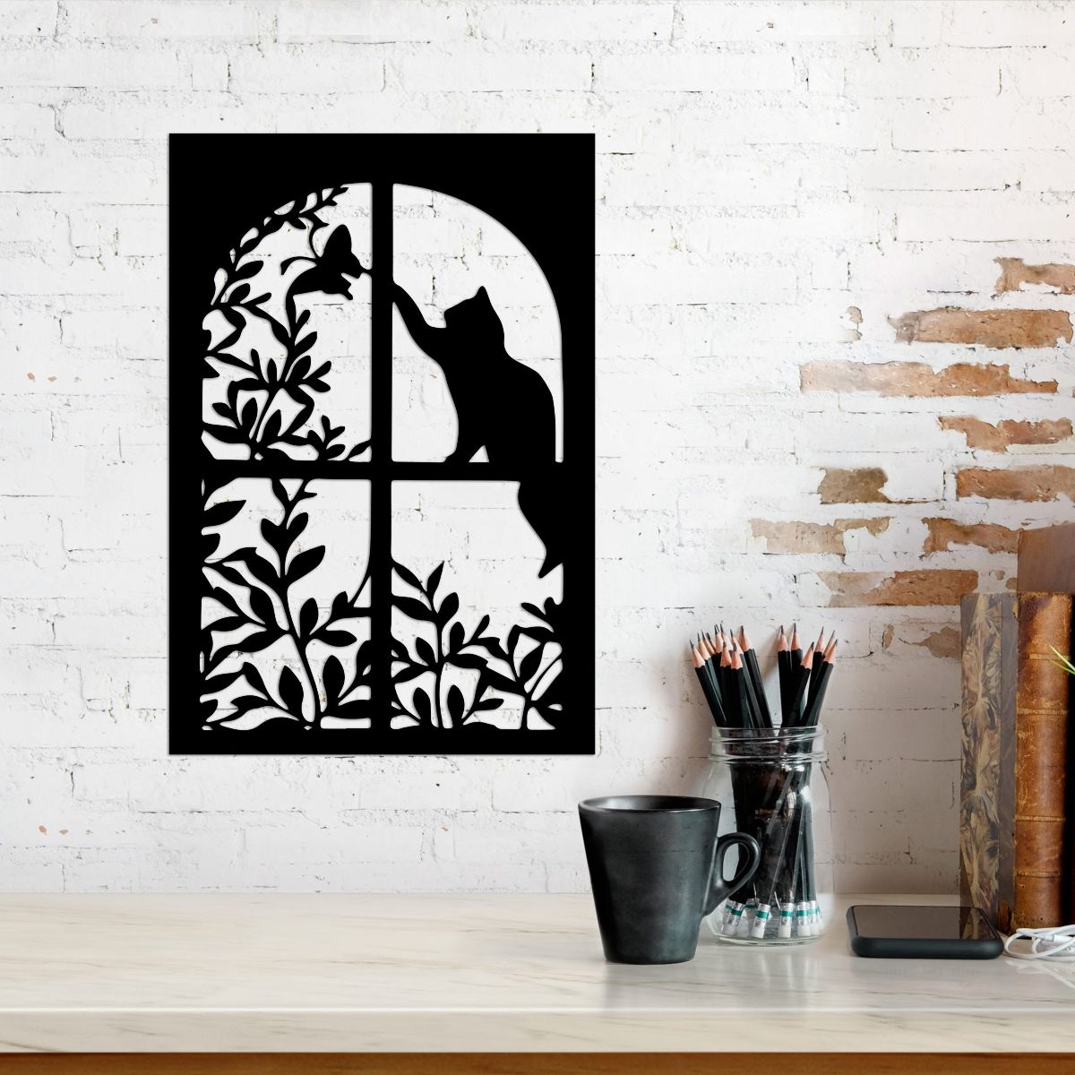 Cat And Butterfly In Window Metal Wall, Hanging Art, Garden Decor, Black Cat Metal Signs, House Decor, Gift For Cat Lover, Wall Hanger
