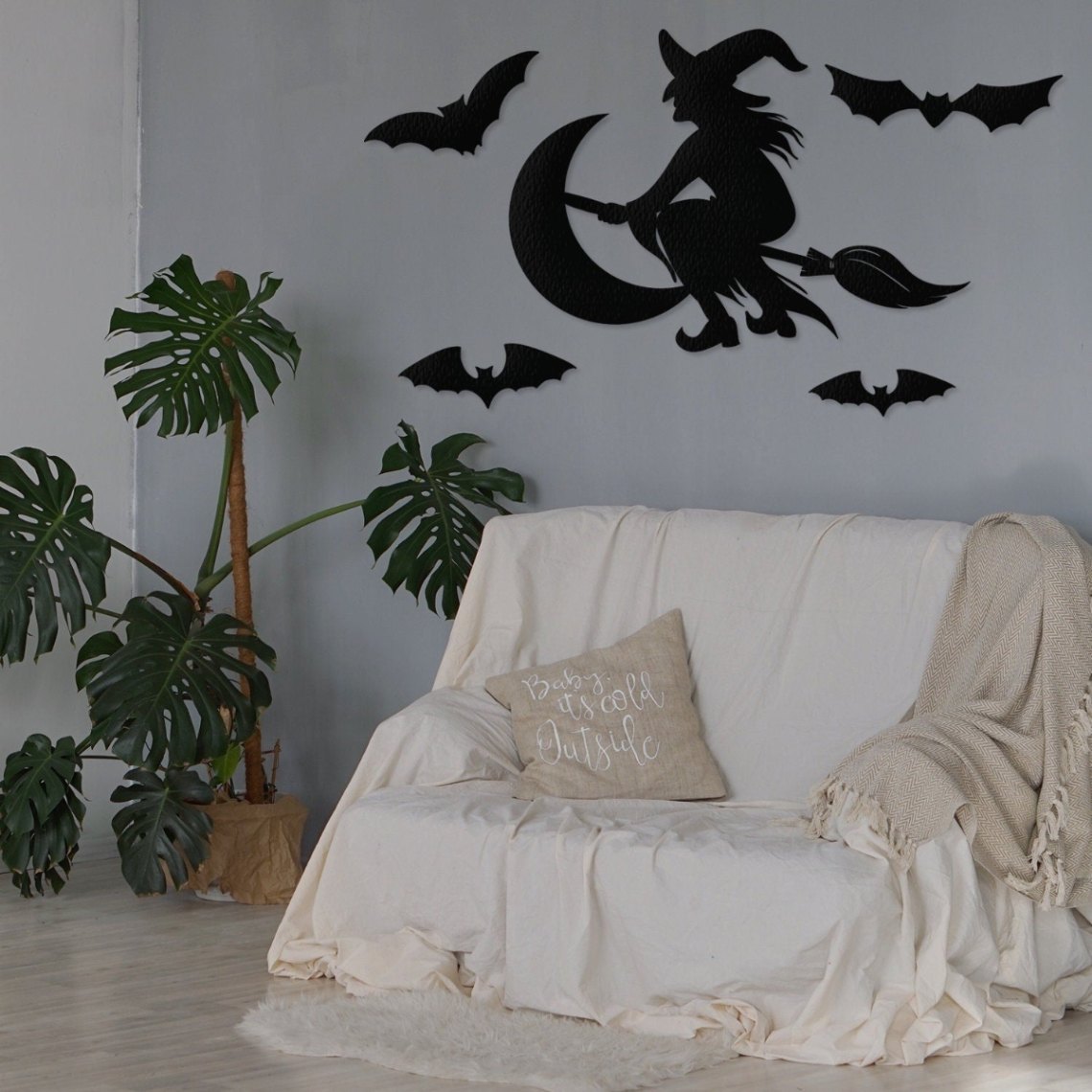 Halloween Set Metal Wall Art, Halloween Bats With Witch Set Wall Decor, Bats And Witch Metal Wall Art, Halloween Wall Art Set