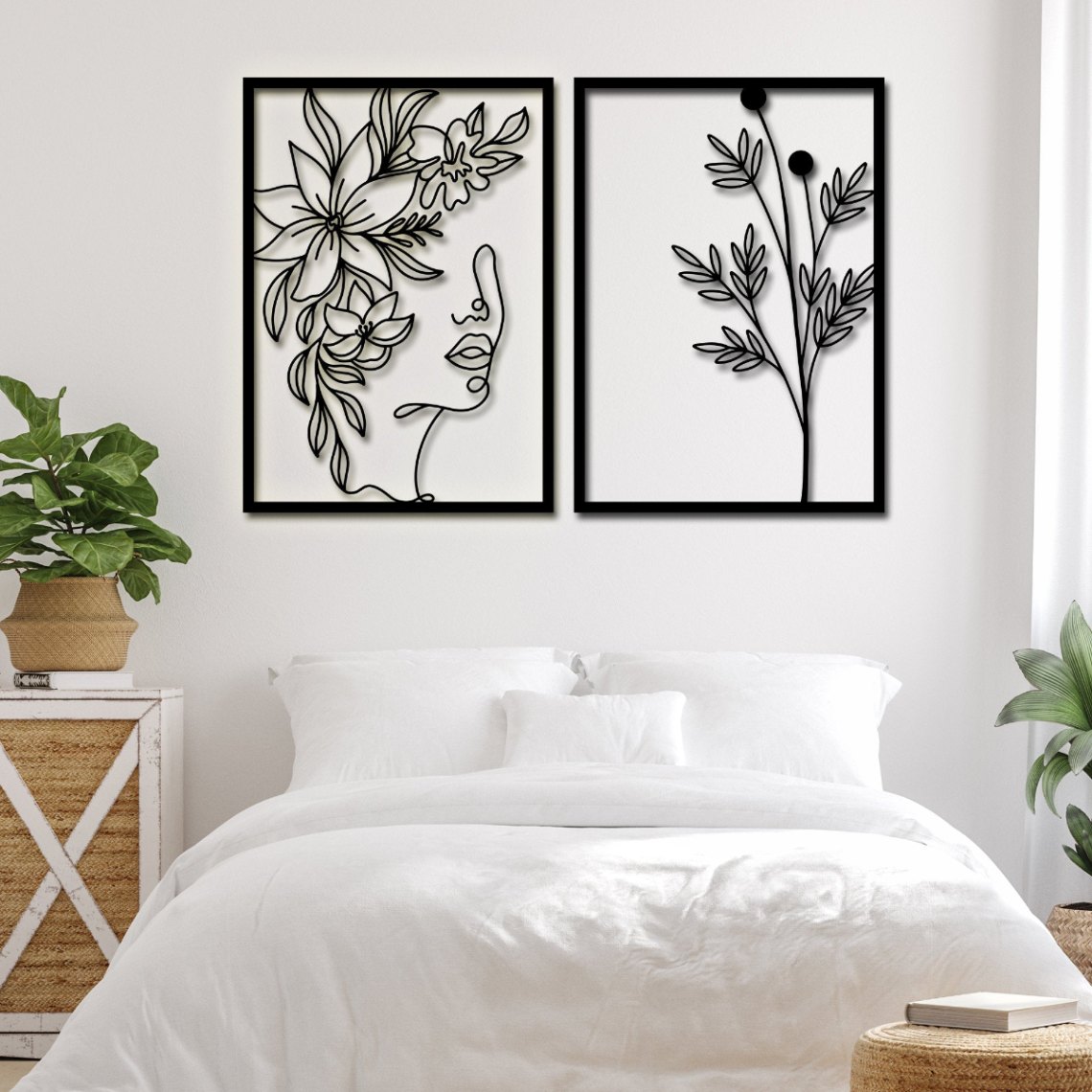 Set Of 2 Floral Woman Face Wall Art, Metal Wall Art, Female Line Art