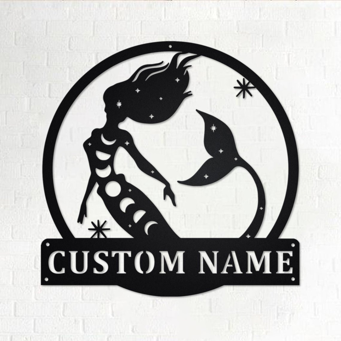 Custom Moon Mermaid Metal Wall Art Personalized Moon Mermaid Name Sign Decoration For Room