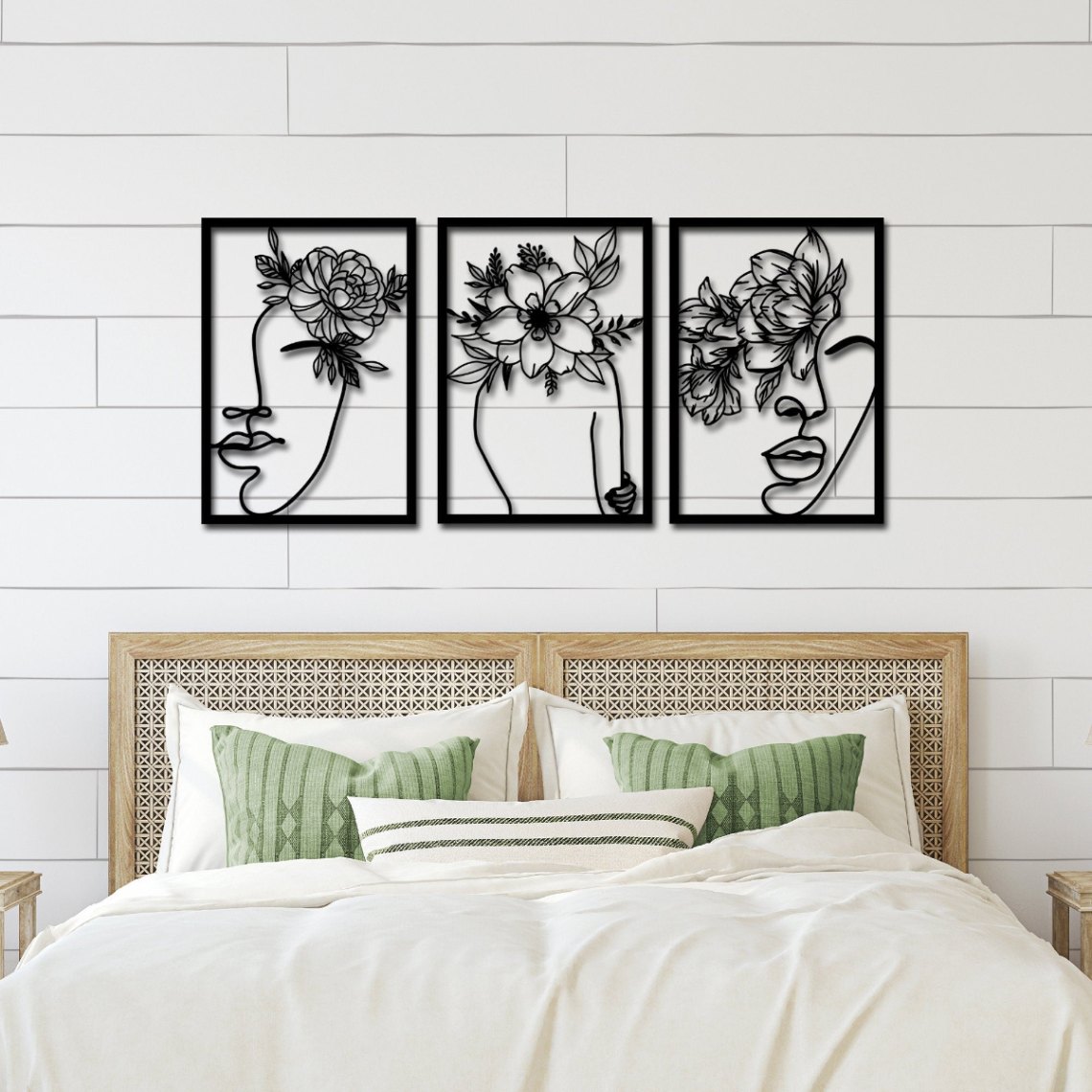 Set Of 3 Floral Woman Face Metal Wall Art, Female Face Wall Decor, Gold