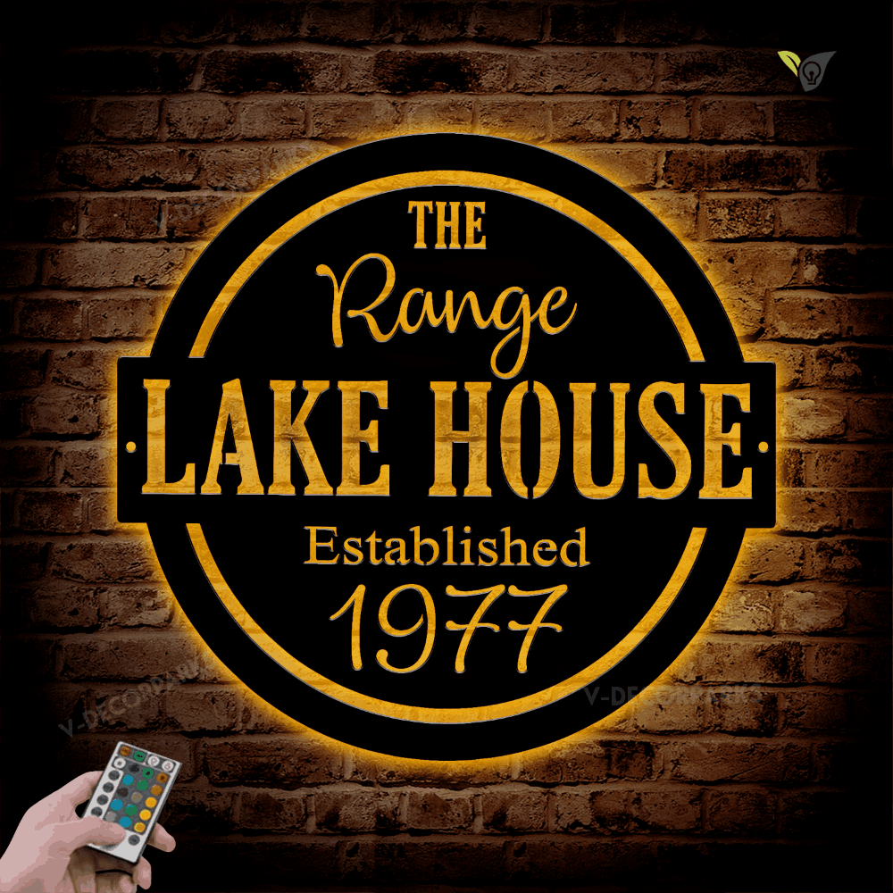Personalized Lake House Metal Wall Art With Led Lights, Family Name