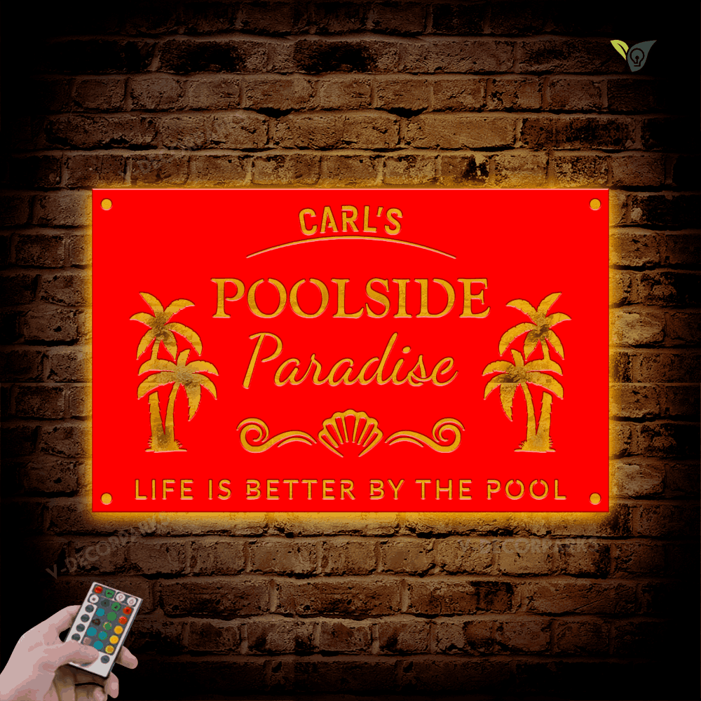 Poolside Paradise With Palms Metal Sign With Led Lights, Swimming Pool