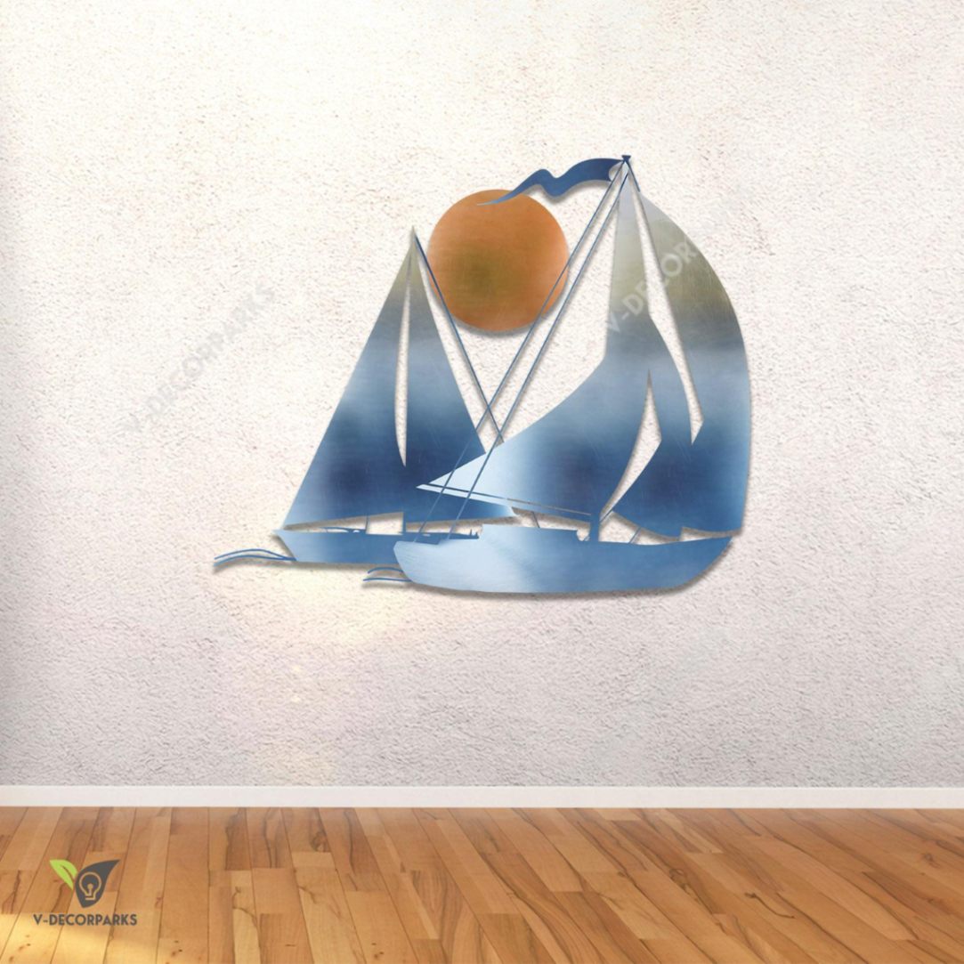 Two Sailboats And Sun Heat Induced Color Metal Wall Decor, Beach House Outer Accent Pamotee