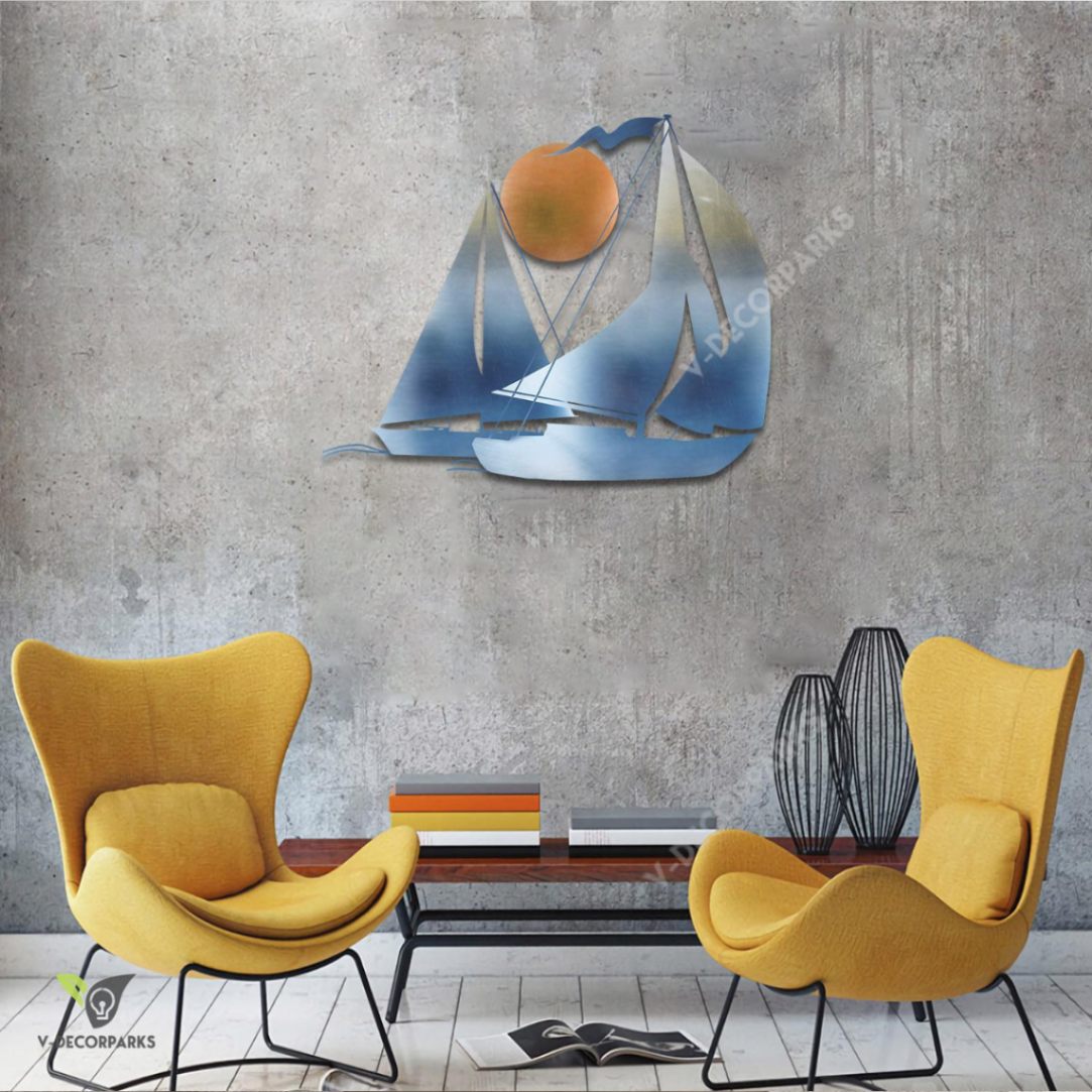 Two Sailboats And Sun Heat Induced Color Metal Wall Decor, Beach House Outer Accent Pamotee