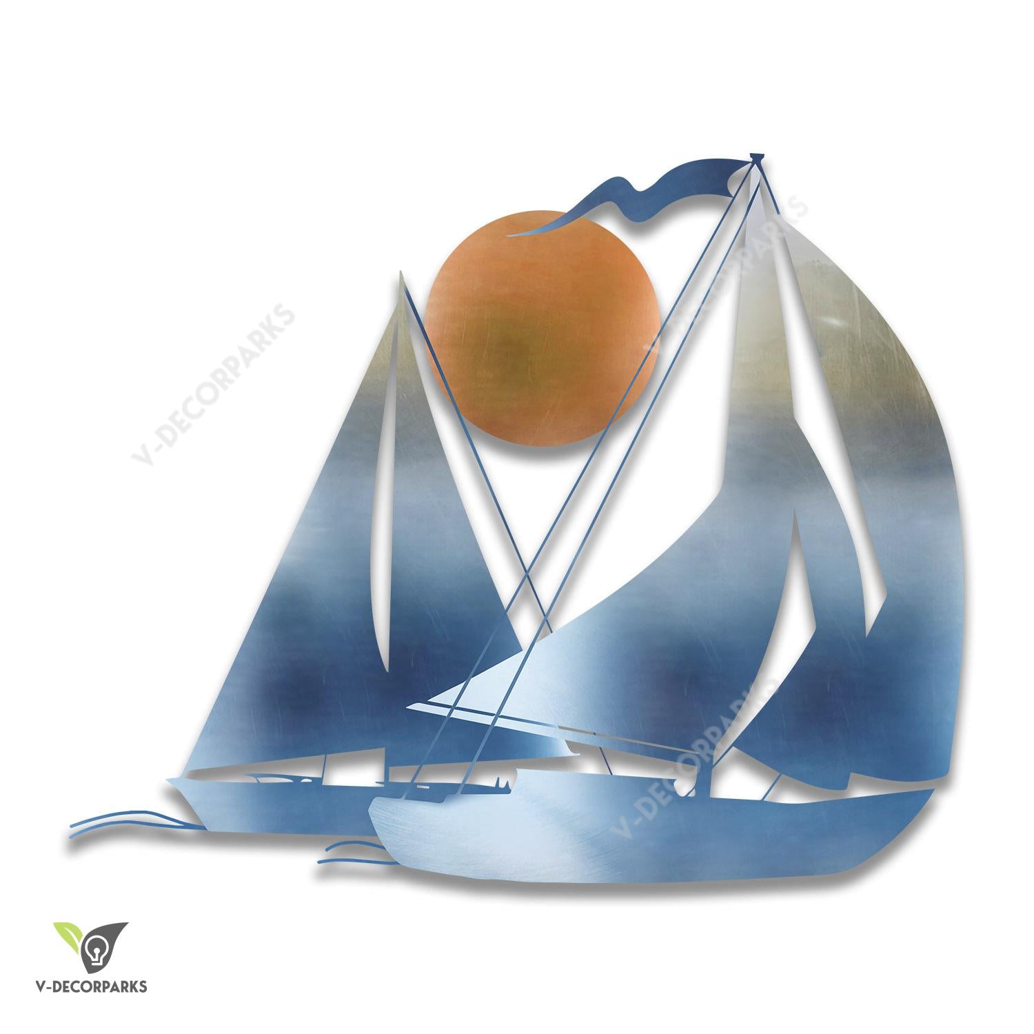 Two Sailboats And Sun Heat Induced Color Metal Wall Decor, Beach House Outer Accent Pamotee