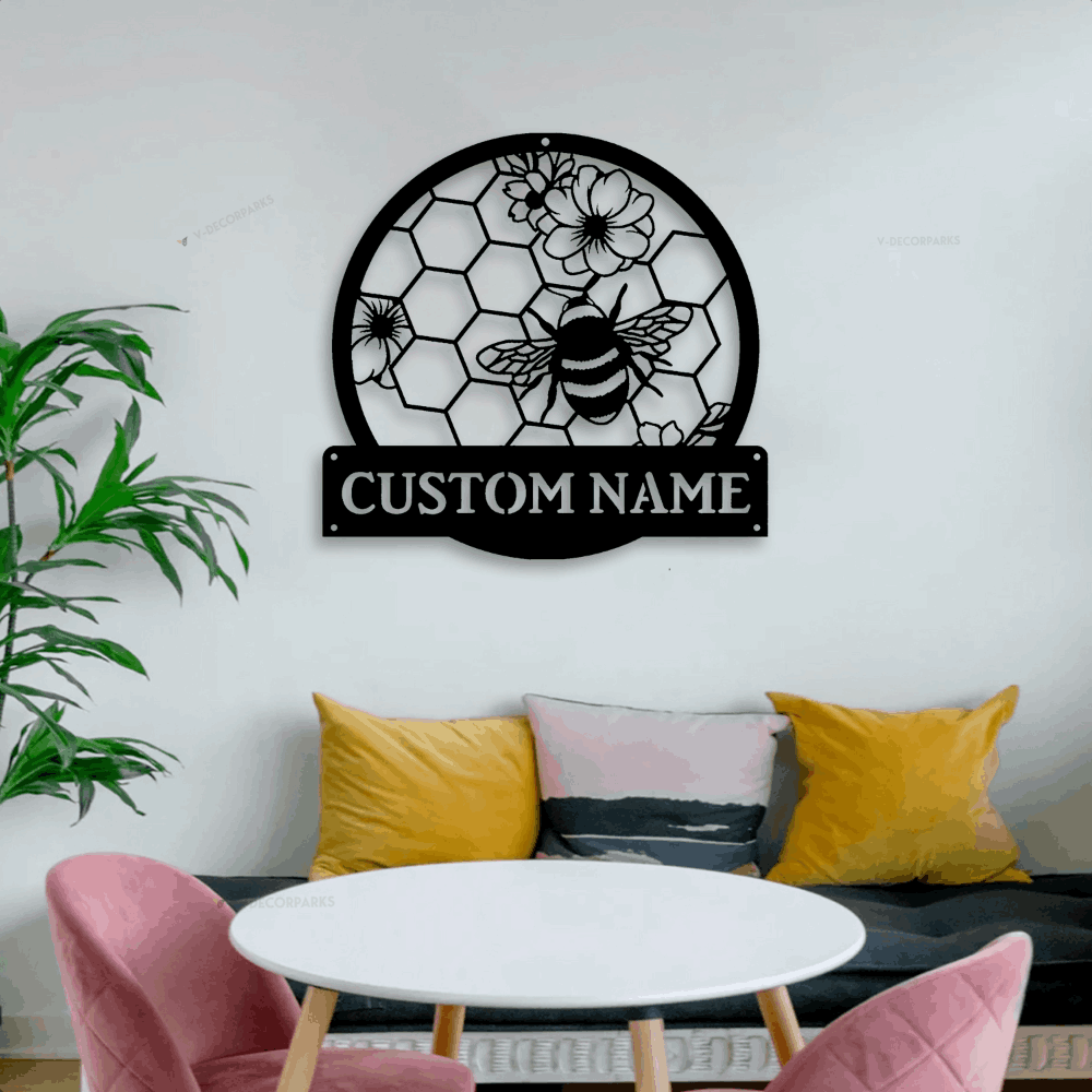 Personalized Honey Bee Monogram Metal Sign Art With Led Lights, Custom