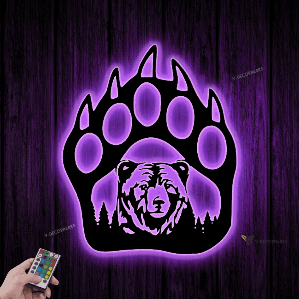 Bear Paw Metal Wall Sign With Led Lights, Bear Metal Sign, Metal Bear