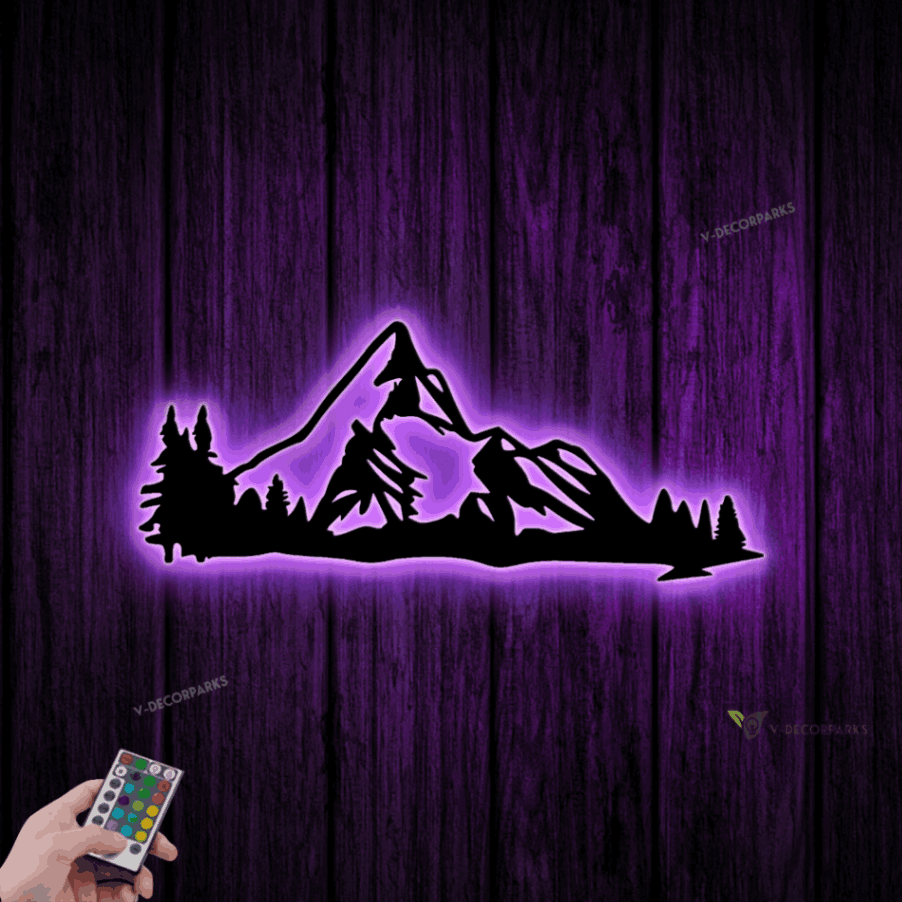 Mountain Metal Wall Sign With Led Lights, Mountain Metal Sign Multi