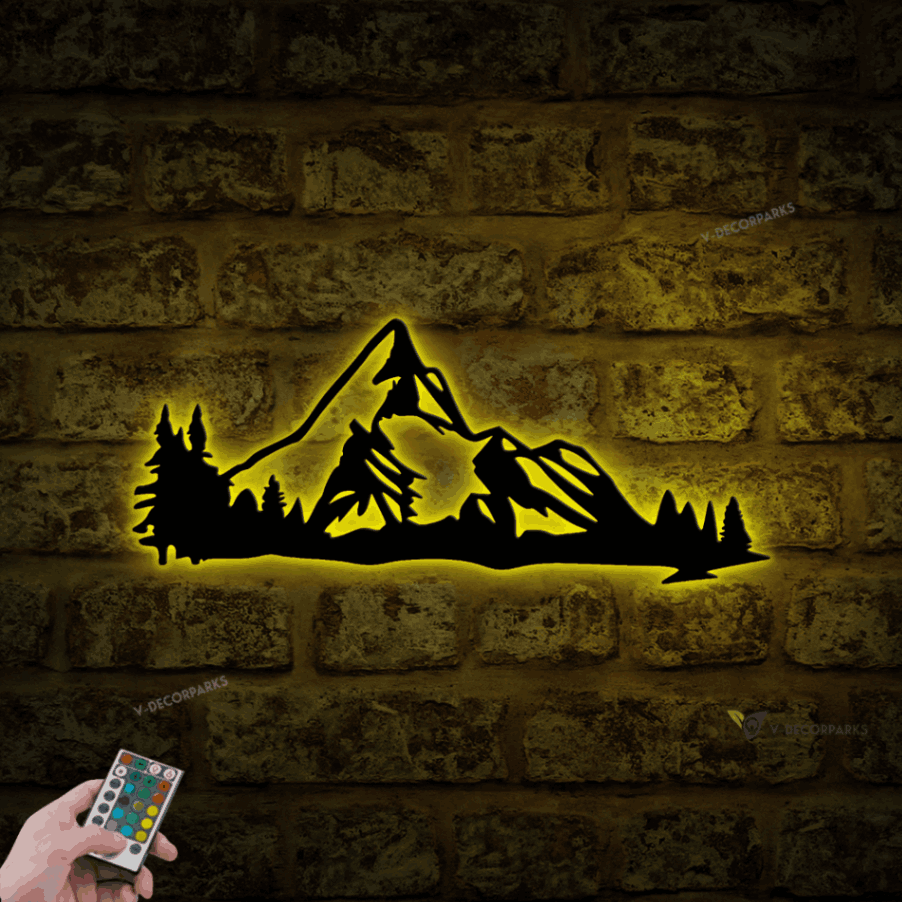 Mountain Metal Wall Sign With Led Lights, Mountain Metal Sign Multi