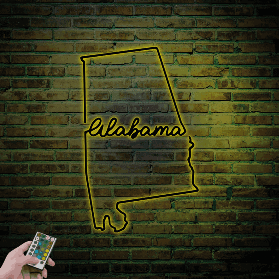 Alabama Metal Sign With Led Lights, State Of Alabama Sign, Metal