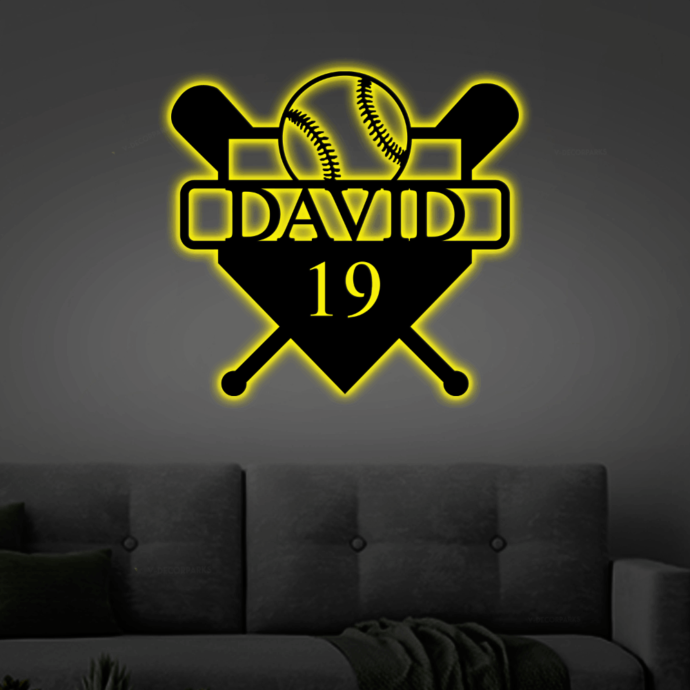 Baseball Bat Name With Led Lights Sign Monogram Steel Sign, Custom