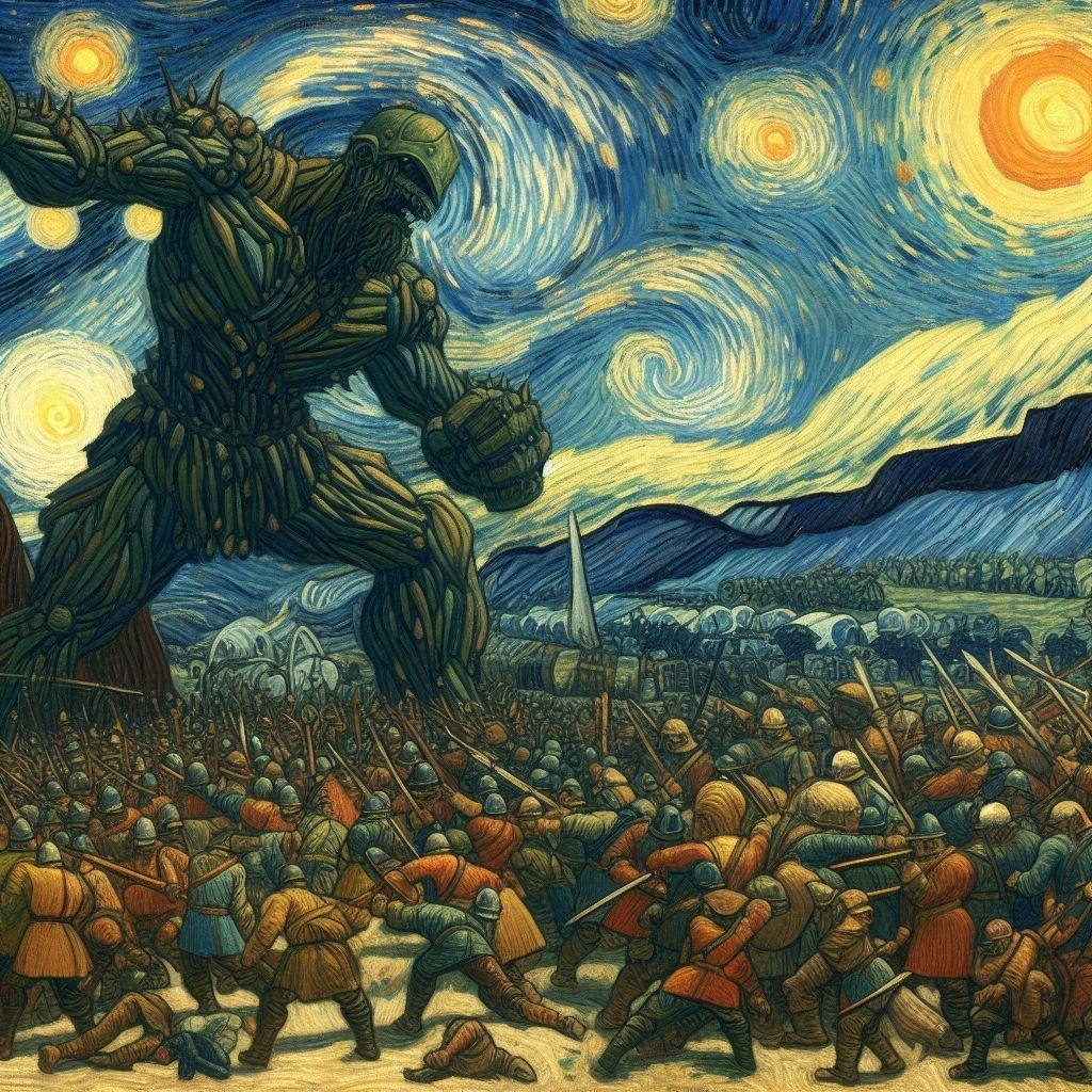 Imagem gerada por IA de um ser gigante que se prepara para golpear um exército, em batalha campal que o cerca, com lanças e escudos.