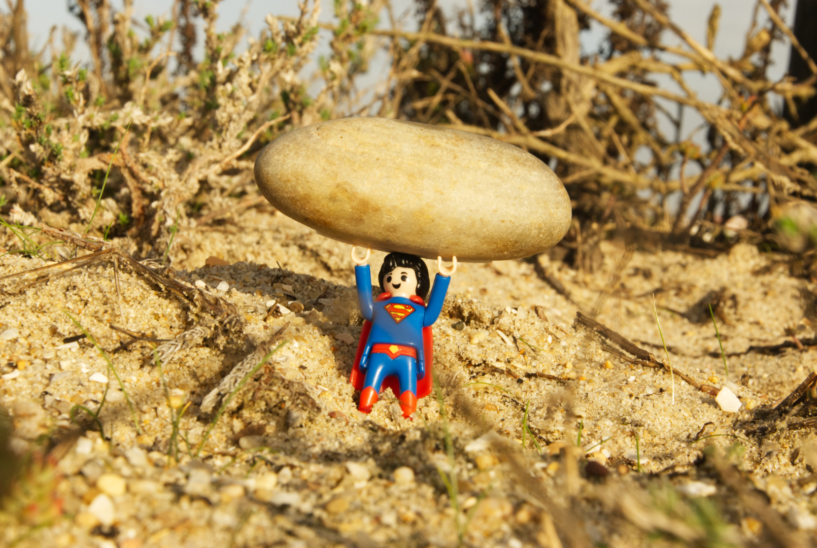 picture of a playmobile superman lifting a rock above his head
he is standing in the sand.
the rock is sand colored
out of focus plants in the background in front of a slate-blue sky