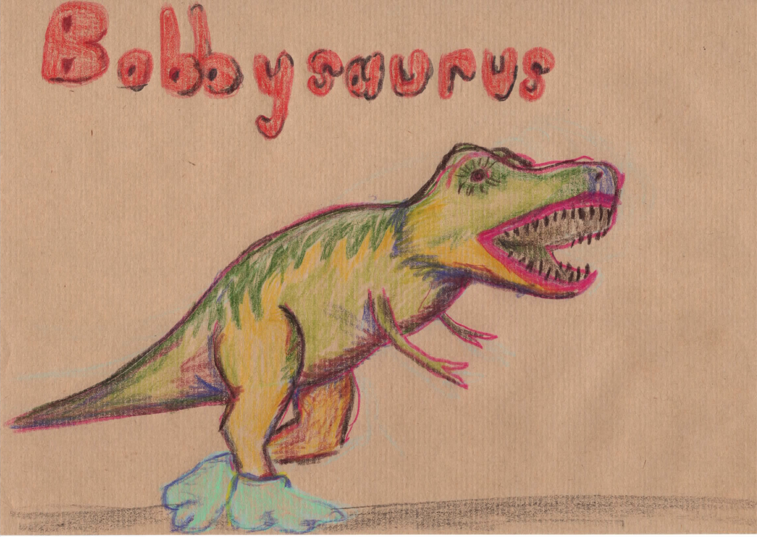 A pencil crayon drawing of s T-rex wearing bobby socks.  
The drawing is on a sandy colored paper.
The T-rex is green and yellow and is wearing light blue bobby-socks on its feet.
She has pink lipstick and has long eyelashes.
Across the top of the picture in light red-yellow letters is the word,
Bobbysaurus.