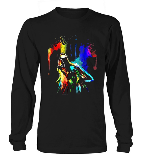 Rainbow Color Neon Light Sky Howling Wolf Drawing Long sleeved Unisex