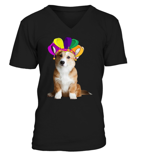 Fat Tuesday Mardi Gras Corgi Wearing Jester Hat Gift Dog Lovers V-Neck T-shirt
