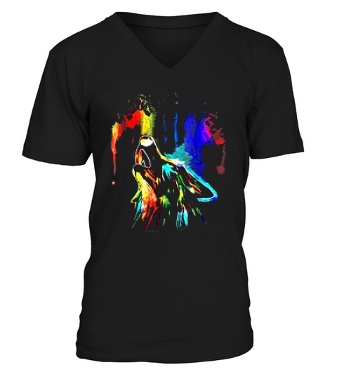 Rainbow Color Neon Light Sky Howling Wolf Drawing V-Neck T-shirt