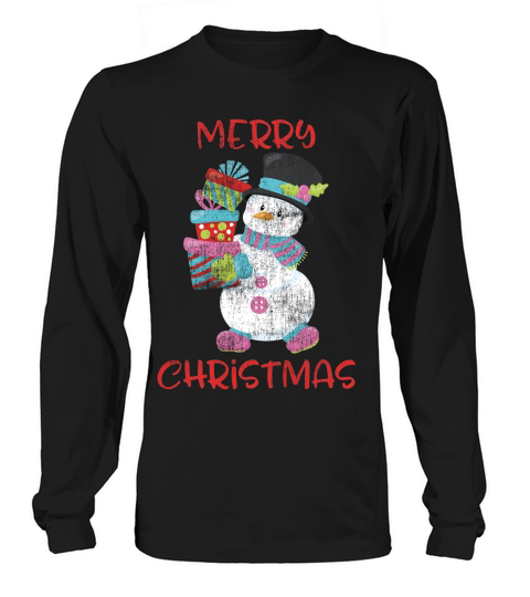 Merry Christmas Cute Snowman Cartoon Vintage Design T-shirt Long sleeved Unisex