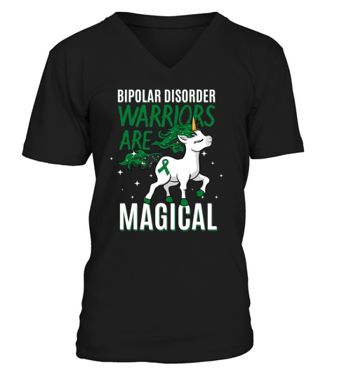 Bipolar Warrior Magical Unicorn Green Ribbon Mental Illness V-Neck T-shirt