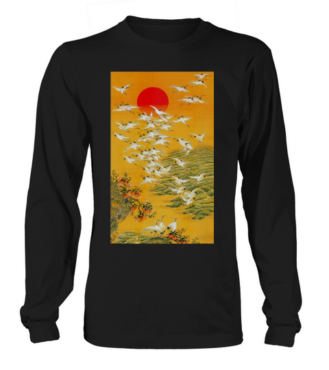 Japanese Crane Vintage Hokusai Woodblock T-shirt Long sleeved Unisex
