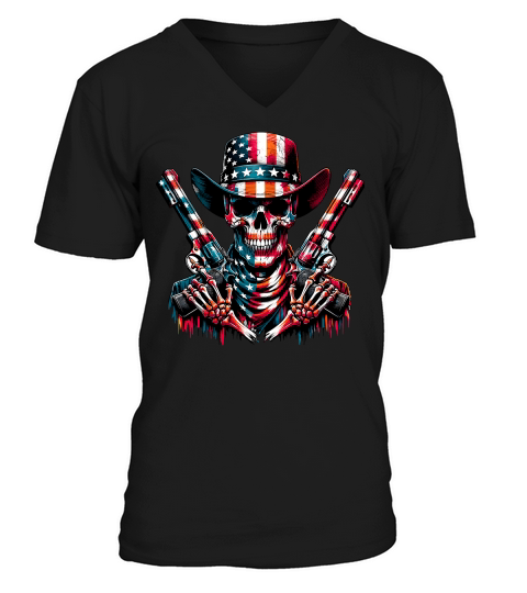 Skull with Guns american flag in grunge style V-Neck T-shirt