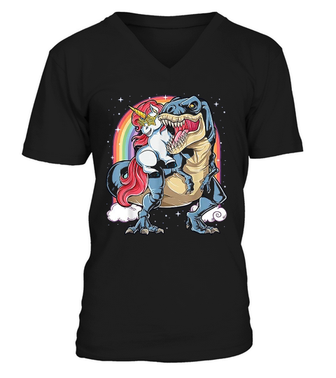 Unicorn Riding Dinosaur T Rex  Boys Girls Kids Rainbow V-Neck T-shirt