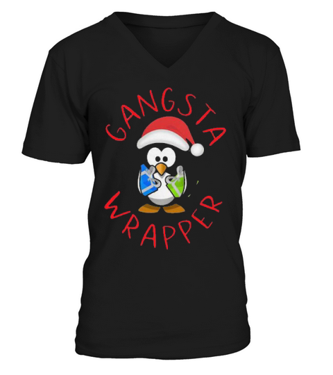 Christmas Santa Penguin Hugging Gift Gangsta Wrapper V-Neck T-shirt