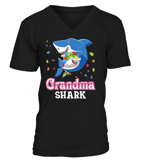 Grandma Shark Awareness Rainbow Puzzle Matching Do V-Neck T-shirt