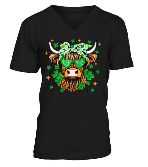 St Patricks Day Highland Cow V-Neck T-shirt