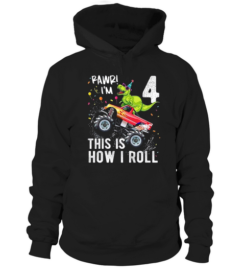 Kids T Rex Dinosaur Monster Truck 4th Birthday Hoodie Unisex