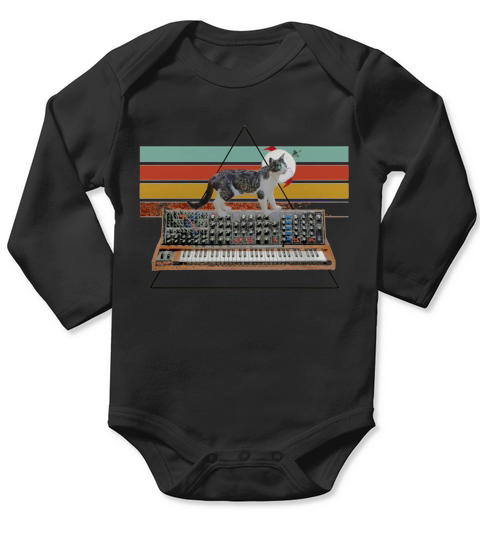 Synth Cat Cat on a synthesizer 70s cat in space helmet Long Sleeve Baby One-Piece