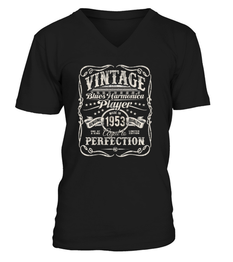 Vintage Blues Harmonica Player Made In 1953 V-Neck T-shirt