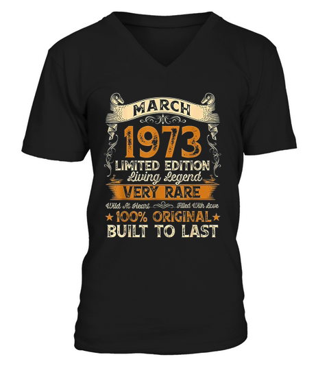 48th Birthday Gift 48 Years Old Retro Vintage March 1973 V-Neck T-shirt