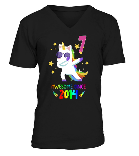 Happy 7th Birthday Since 2014 Funny Unicorn Dabbing 2021 Gift V-Neck T-shirt