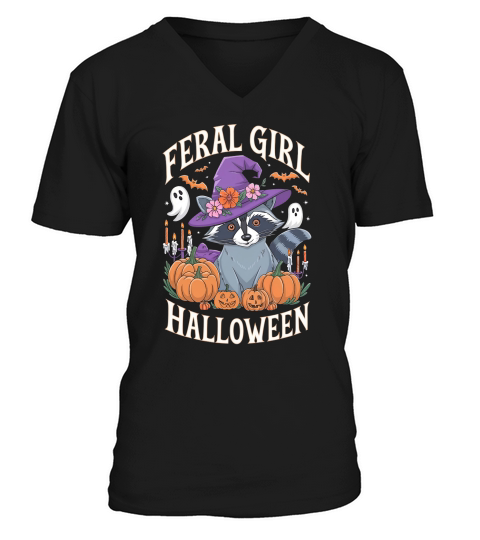 Feral Girl Halloween Raccoon V-Neck T-shirt